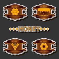 Illustration on theme for label of sugary flowing down honey in honeycomb with bee vector