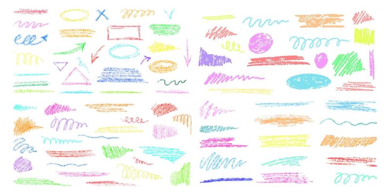 Hand-drawn underlining elements, brush with crayon effect, chalk texture. Chalk stroke for highlighting. Vector illustration in children's style. Crayon brush colored underline.