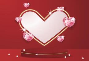 Heart shaped gems and display stand on red background, suitable for Valentine's Day, Mother's Day, sales vector