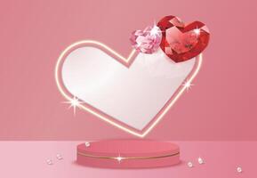 Heart shaped gems and display stand on pink background, suitable for Valentine's Day, Mother's Day, sales vector