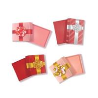 A set of vector overhead views of opened gift boxes, mainly in red, pink and gold colors