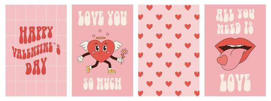 Set groovy Happy Valentines Day cards, posters. Love concept in pink, red colors. Trendy vector illustration in retro 60s 70s style