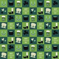 Seamless pattern with Saint Patrick Day lettering and festive elements on green background. Modern cute background. Vector illustration