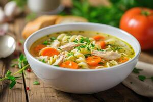 ai generado hecho en casa pollo fideos sopa con vegetales y especias en un bol. sano comida concepto foto