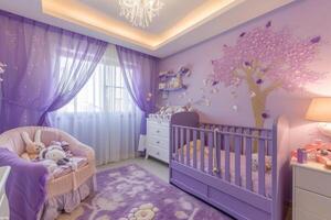 AI generated Purple baby bedroom with cot photo