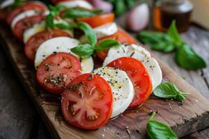 ai generado queso Mozzarella y tomate ensalada. Fresco italiano caprese ensalada con queso Mozzarella y Tomates en de madera tablero. foto