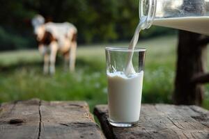 AI generated Milk from jug pouring into glass on table with cow on the meadow in the background. Glass of milk on wooden table. photo