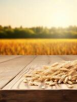 AI generated Empty wooden table in front of golden ears of wheat background photo