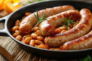 AI generated Grilled sausages with baked white beans in tomato sauce in frying pan photo