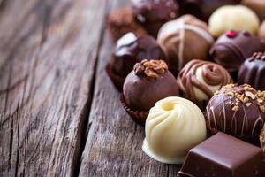 AI generated Dark, milk and white chocolate candies, pralines, truffles on wooden table photo