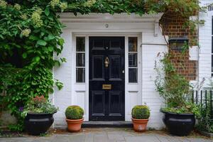 AI generated Black front entrance door with floral decoration photo