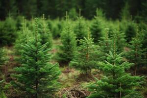 AI generated Spruce trees nursery or plantation, growing a young forest. photo