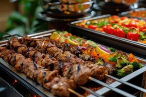 AI generated Catering buffet food indoor in restaurant with grilled meat. photo