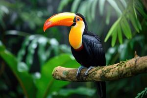 AI generated Toucan sitting on a branch in the rainforest. Generative AI photo