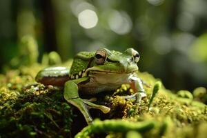 AI generated Tree frog sitting on moss. photo