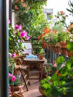 AI generated Beautiful balcony with comfortable chairs, wooden table and many potted flowers plants. Generative AI photo