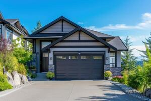 AI generated Garage door with a driveway in front. photo