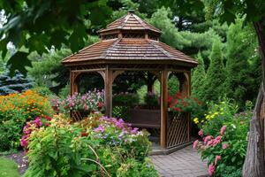 AI generated Gazebo with flowers in and garden. photo