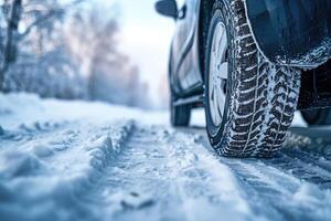 ai generado de cerca imagen de un coche llantas en el la carretera en invierno. foto