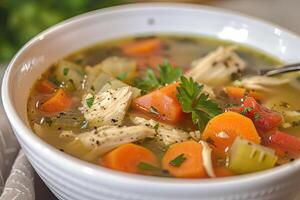 AI generated Homemade chicken vegetable soup. photo