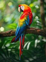 AI generated Colorful scarlet macaw parrot in jungle. photo