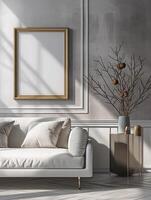 AI generated Vertical wooden mock-up frame for the presentation of works of art, photographs, prints and paintings. Sofa and table with vase and flower decoration. Elegant boho living room interior. photo