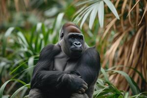 AI generated Portrait of sitting gorilla in wilderness. photo