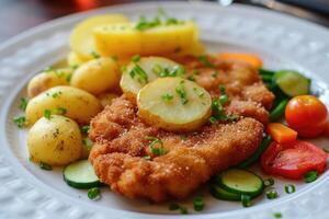 AI generated Schnitzel with potatoes and vegetables.. photo