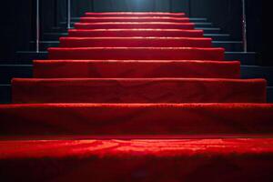 AI generated Red carpet on the stairs on a dark background. The path to glory, victory and success. photo