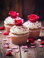 AI generated Small cupcakes with hearts and rose petals on a wooden background. Valentine's Day photo