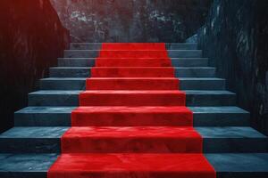 AI generated Red carpet on the stairs on a dark background. The path to glory, victory and success. photo