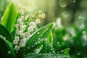 AI generated Beautiful white flowers lilly of the valley in rainy garden. Convallaria majalis woodland flowering plant. photo