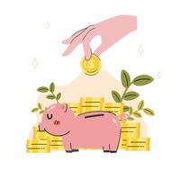 Pink piggy bank and coins dropping decorating with a pile of dollar coins and branches in money saving concept cartoon flat vector illustration isolated on white background.