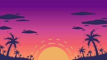 Sunset background with purple and orange sky, big sun in the middle and island with palm, coconut tree in silhouette style vector illustration. Summertime on the beach.