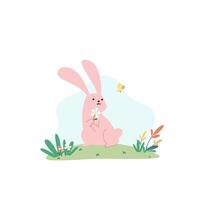 Cute pink buuny hold an easter egg and running on the grassland flat vector illustration isolated on white background. Happy Easter. Cute pastel animal character.