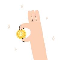 A cute hand grabbing a cryptocurrency coin flat cartoon vector illustration isolated on white background. Earning on cryptocurrency. Cryptocurrency finance.