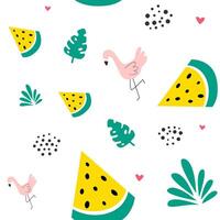 Seamless pattern on white background in summer theme with yellow watermelons, tropical plants, flamingos, hearts and dots flat vector illustration.