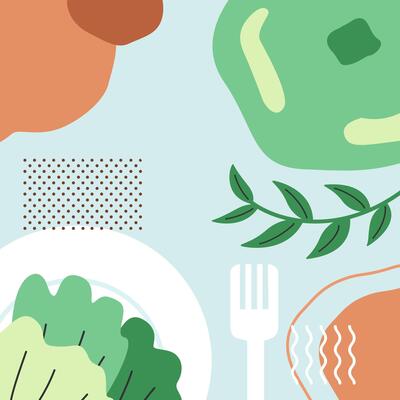 Clean food with fruits, vegetables in healthy dish concept decorating with abstract shapes, dot, lines and branch on light blue square background. Background for posting emotion on social media.