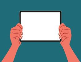 Top view of two hands using and holding a blank tablet for social media, working, content creator, study gaming or lecture flat vector illustration on white screen. Working on blank space tablet.