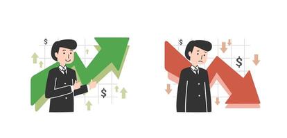 Gain and loss profit concept with a trader, up and down arrows, trading graph and money sign flat vector illustration isolated on white background. Cryptocurrency finance.