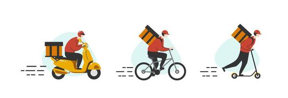 A food raider deliver food by yellow scooter motorcycle, bicycle and scooter to home and office flat vector illustration isolated on white background. Online food delivery service concept.