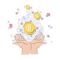 Two hands holding cryptocurrency coins on digital circuit background cartoon flat vector illustration isolated on white background. Cryptocurrency investment in modern technology concept.