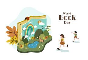 A cute boy and girl running into a pop-up book and enjoying to explore a new fantasy world inside. World book day concept cartoon flat vector illustration. International literacy day.