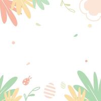 Happy Easter blank space on white background decorated with colorful floral and leaves flat vector illustration. Square pastel background design in spring theme.