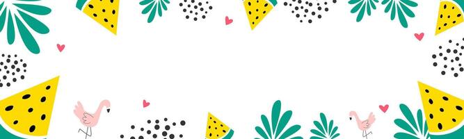 Summer banner decorated with yellow watermelons, tropical plants, flamingos, hearts and dots on white background flat vector illustration. Horizontal background design for website in summer theme