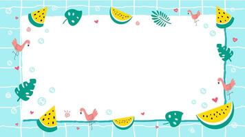 Summer background with frame decorated with yellow watermelons, tropical plants, flamingos, hearts on blue swimming pool flat vector illustration. Background design for website in summer theme