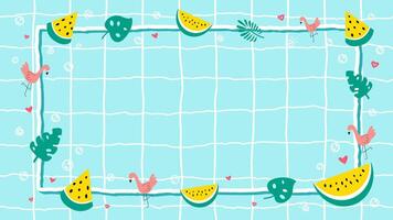 Summer background with frame decorated with yellow watermelons, tropical plants, flamingos, hearts on blue swimming pool flat vector illustration. Background design for website in summer theme