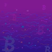 Blue and pink bitcoin sign under circuit technology concept on violet and blue background. Square particle and line digital, electronic abstract. vector