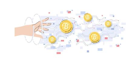 A hand reaching to a cryptocurrency coin on digital circuit background cartoon flat vector illustration isolated on white background. Cryptocurrency investment in modern technology concept.