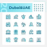 dubai moderno ciudad arquitectura ligero azul iconos vacaciones viaje, complejo. variedad de actividades. rgb color. sitio web íconos colocar. sencillo diseño elemento. contorno dibujo. línea ilustración vector